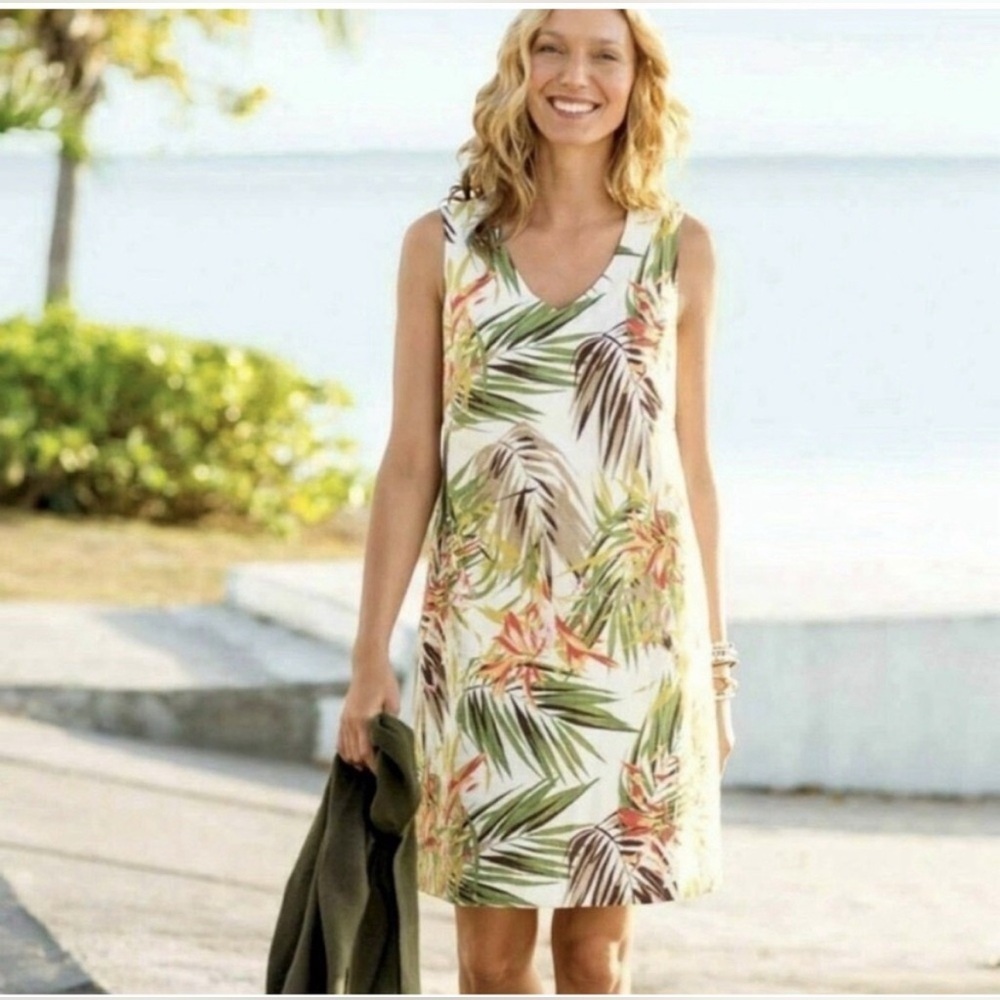 J. Jill Love Linen Tiger Lily Jungle Shift Dress MT Sleeveless Tropical Floral - Picture 2 of 13